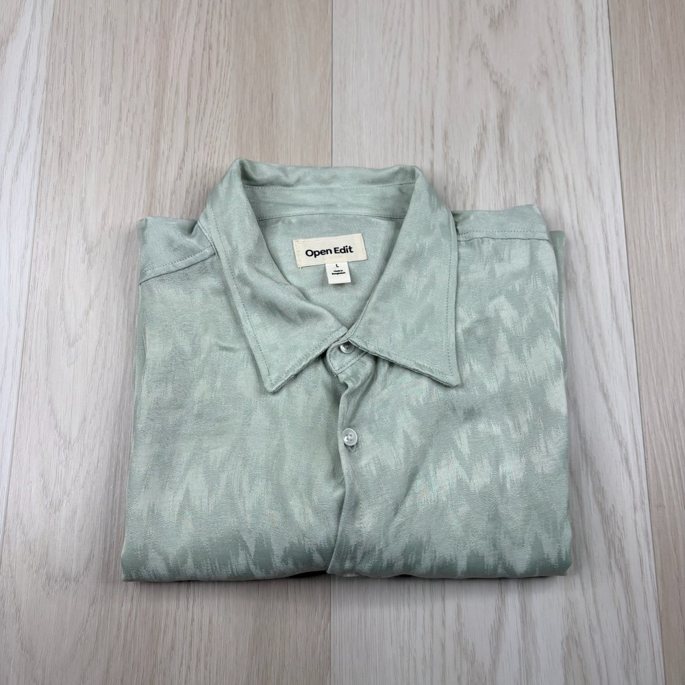 Open Edit Mens Green Silicate Jacquard Stretch Satin Button Up Shirt Size L NEW